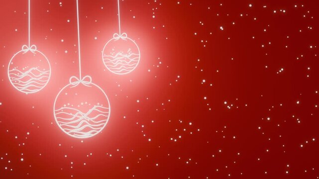 Christmas New Year red background with hanging glowing golden line art baubles and falling snow on the left. Festive New Year animation with copy space for greeting text or logo