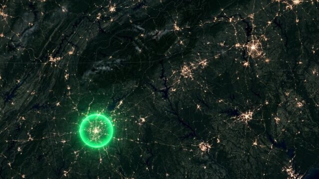シャーロットからアトランタへの光子移動を示す衛星軌道視点の様子