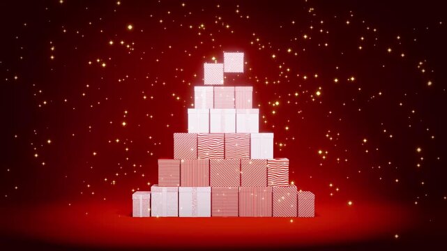 Christmas New Year Falling gift boxes stacking into a Christmas tree shape on a red background with golden particles