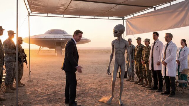 Government official shaking hands with grey extraterrestrial being at desert landing site. Panning shot of first contact with saucer-shaped spacecraft.