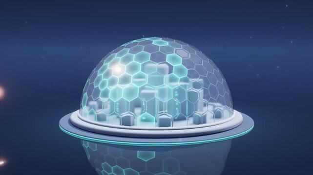 Frosted glass hexagonal dome over white server island deflecting coral probe orbs camera orbit