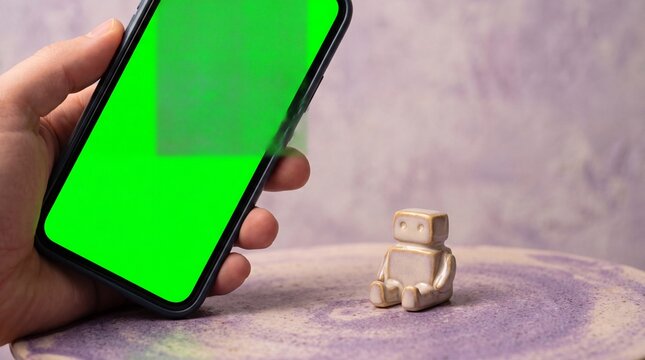 app development concept, a close-up of a blank app screen beside a small chatbot icon on a soft palette