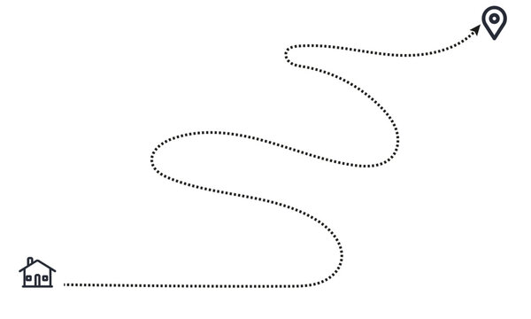 Dotted Route From Home To Destination. Winding dashed path with house and location pin for travel navigation map vector icon