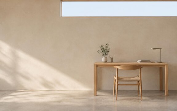 Minimalist oak home office with warm plaster wall