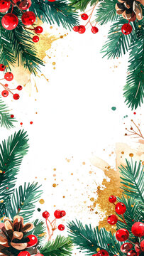 クリスマスツリーの針葉樹の枝と赤い実や松ぼっくりを水彩風のタッチで描いた華やかな植物フレーム　中央に文字入れ用の広いコピースペースを設け金色のインクが飛び散るような装飾をあしらった上品な冬の背景素材　季節の挨拶状やクリスマスカードの制作、イベントのチラシや招待状、SNSの告知画像、Webサイトのバナーデザイン
