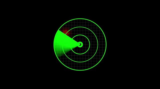 simple round one single green glowing rader on by red signal mapping animation on charch effects in dark background 4k vidoe