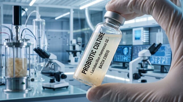Gloved hand holding probiotic culture sample in microbiology laboratory. Lactobacillus research and bacterial testing. Probiotic science, biotechnology and pharmaceutical development.