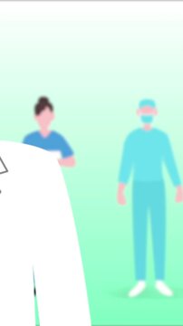 Vertical video: Green backdrop filling frame, medical duo appearing, coat sweeping, presenting team