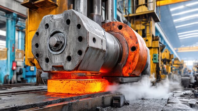 Hydraulic forging press shaping a glowing steel billet in a factory