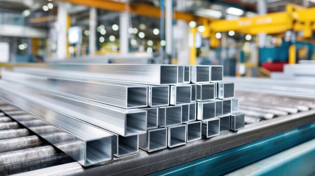 Aluminium profiles move along conveyor rollers inside an extrusion factory