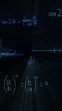 Vertical video: Camera panning right inward, cyan formulas sliding and fading to show math concepts