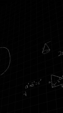 Vertical video: Mark sparking chalk math forming triangle marking sides showing relations panning
