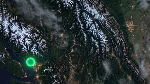 カルガリーからバンクーバーへの光子移動を示す衛星軌道視点の様子