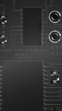 Vertical video: Camera starting downward scroll across PCB, revealing ICs, fuses, jacks for review