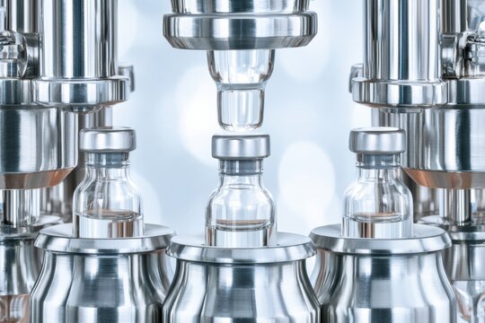 Automated production line filling glass vials with liquid medication