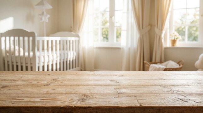 Empty wooden table in foreground. Blurred baby nursery room with white crib, bright windows in background. Natural light shines through curtains in cozy kids bedroom. Perfect mockup for baby products