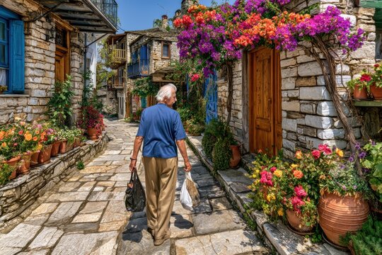 Elderly resident carries shopping bags through a Greek mountain village street