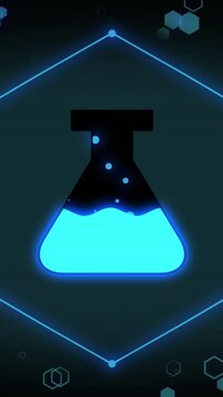 Vertical video: Blue lines sweeping corners, forming diamond to reveal cyan flask bubbling