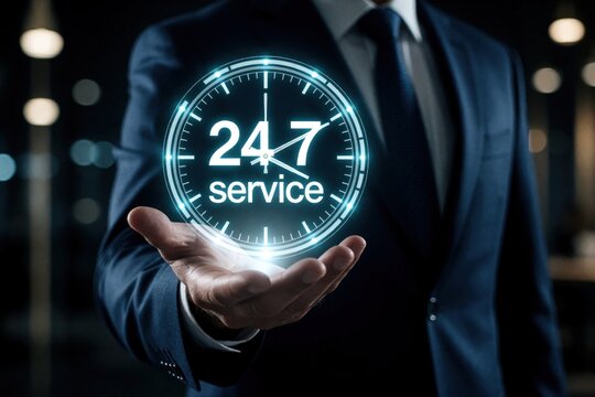 Pro businessman holds glowing holographic 247 service clock in hand. Digital time icon floats above palm in dark office. Concept of nonstop customer support, round clock assistance, constant