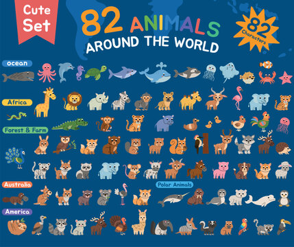 Large collection of 82 cute cartoon animals from around the world, featuring colorful friendly characters for children&rsquo;s books, educational materials, nursery decor, stickers, posters