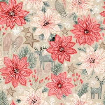 Scandinavian Christmas pattern with poinsettias, reindeer, stars, and pine branches