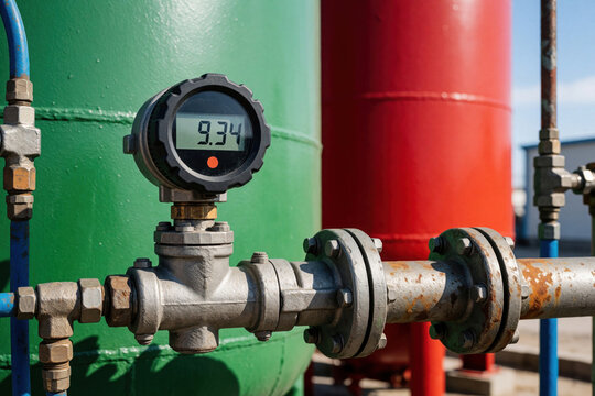 Close up of digital pressure transmitter showing 9. 34 reading on LCD screen. Metal gauge monitor connected to industrial pipe, large green, red tanks. Engineering equipment measures gas liquid flow