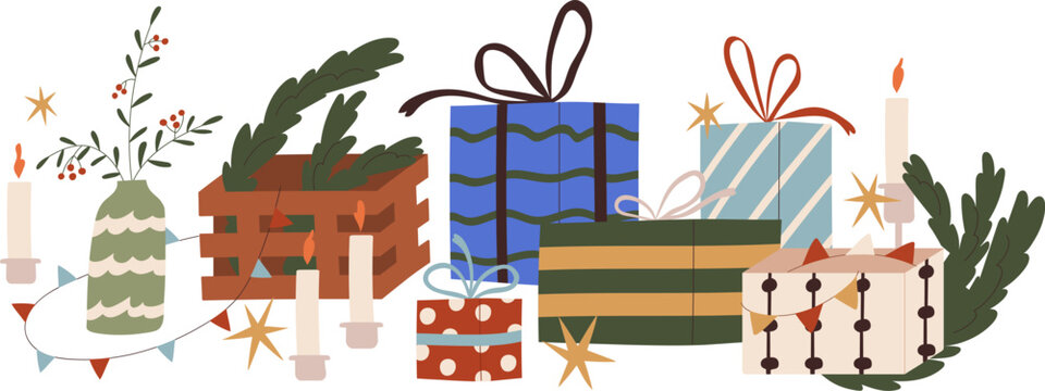 Christmas gift boxes in paper wrapping with bows, winter holiday decoration, Xmas ornament, candles composition. New Year presents, stuff. Flat vector illustration isolated on white background.