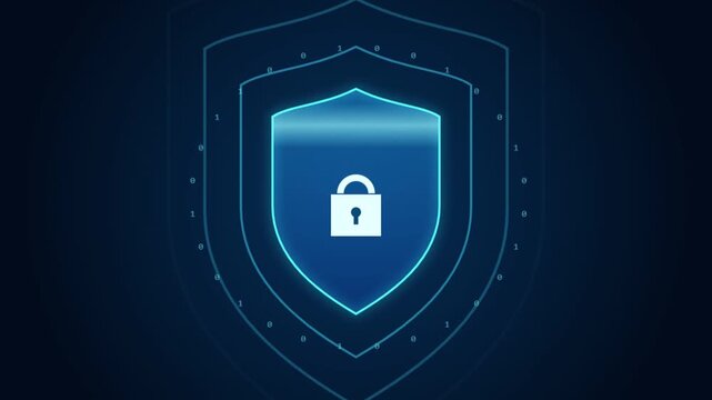 Glowing digital security shield with padlock icon floating against dark blue binary code background