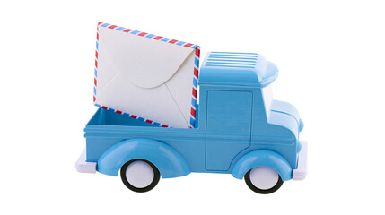 Light blue plastic toy pickup truck carrying an airmail envelope © Ivona