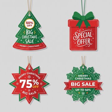 Christmas sale hanging tag badge set with discount text, flat paper cut illustration isolated on grey background
