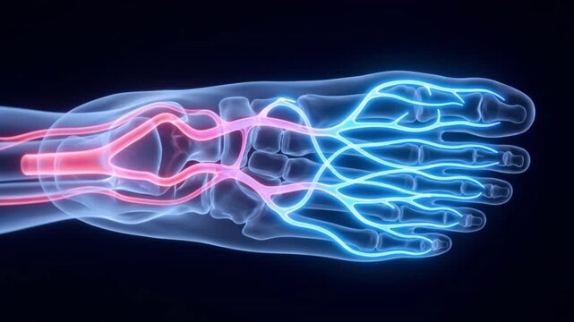 足背動脈網と足根骨格の生体模倣結晶構造が暗視野で平衡を保つ様子