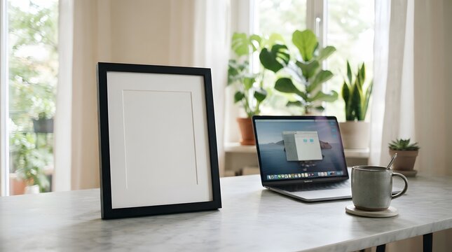 A brightly lit home office workspace features a blank framed poster a laptop a warm beverage and thriving green plants by a