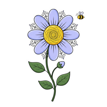 Cute Purple Daisy Flower with Bee Vector Illustration Isolated on White Background