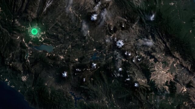メキシコシティからグアダラハラへの光子移動を示す衛星軌道視点の様子