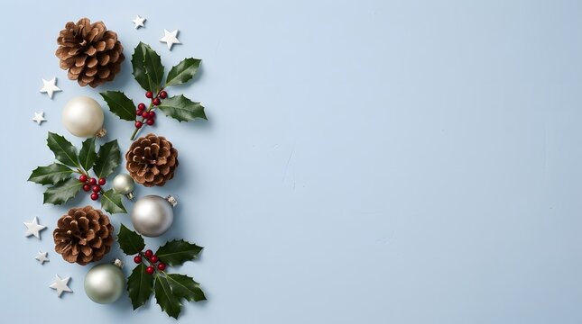 A serene christmas composition featuring pinecones ornaments and holly evoking the warmth and festive spirit of the holiday season