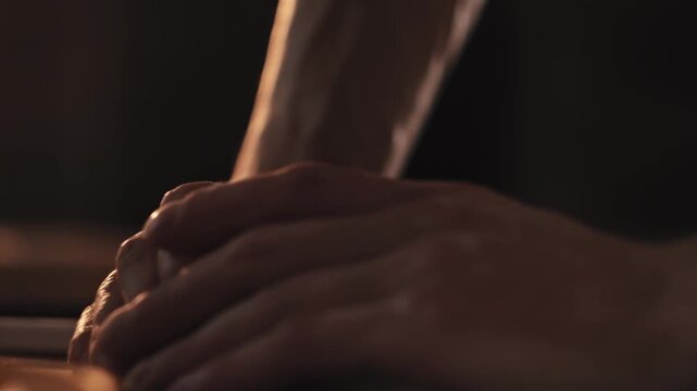 Traditional private bakery. Baker hands shaping dough into rolls on wooden surface close up, scraper, preparation process for fresh bread in warm light Slow motion