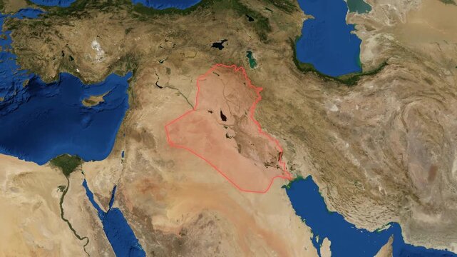 Zoom in from space to Iraq highlighted with red border and fill on satellite Blue Marble earth map, 4K animation