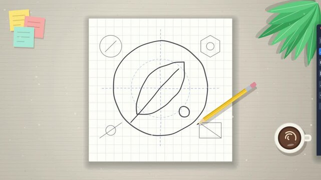 Graphic designer logo creation process, sketch to vector to brand mockups, branding agency animation 4K