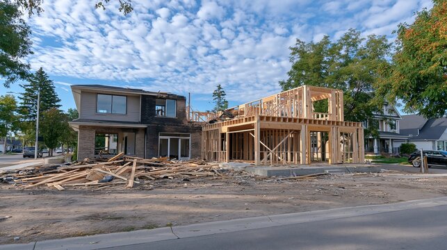 木の骨組みと資材が見える建築途中の二階建て住宅。リフォーム案内や施工会社のWeb広告に映える横長構図の画像素材