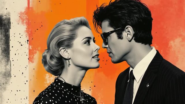 Elegant young couple in fashionable retro-inspired outfits gazing at each other, standing close against a vibrant orange and abstract background, exuding romance and style.