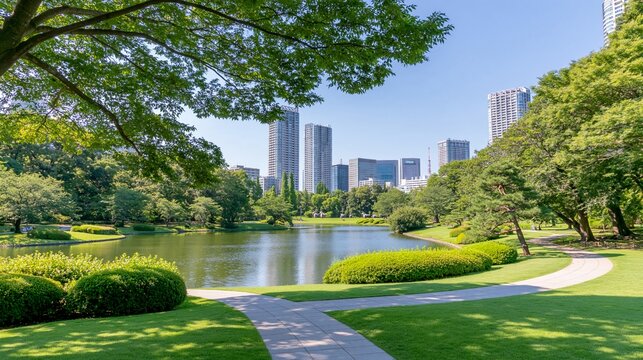 緑の木々と芝生の間に池と高層ビルを望む景観。街の魅力紹介や不動産のWeb広告に映える横長構図の画像素材（コピースペース付き）
