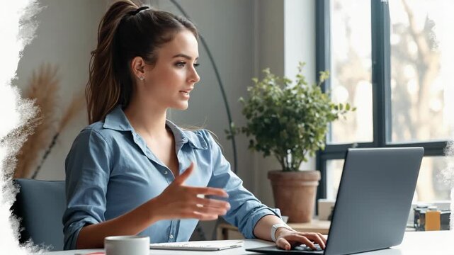 Confident young businesswoman working on laptop at home office, discussing project during video call. Natural light, relaxed environment, remote work, productivity technology concept. Sketch composite