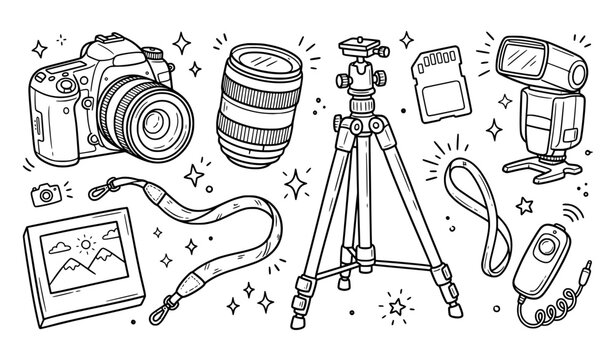Hand drawn photography equipment doodle set with DSLR camera, lens, tripod, memory card, flash, camera strap, remote shutter release and framed landscape photo, black outline line art isolated on whit