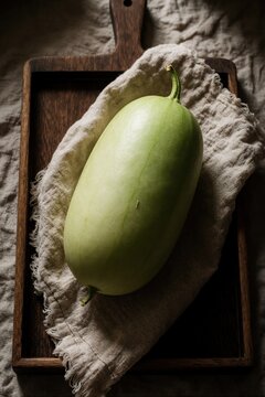Fresh winter melon on beige linen cloth over dark wooden tray. Whole raw wax gourd vegetable sits on rustic kitchen board. Organic green produce from backyard garden ready for cooking healthy