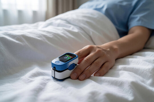 Close up of digital pulse oximeter on finger. Patient checks blood oxygen level, heart rate in bed. Medical device monitors SpO2, pulse at home. Person uses tech tool for health tracking, wellness