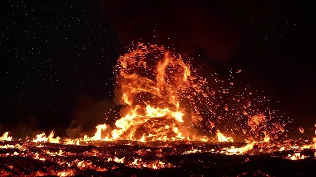 Large fire burns across open ground as flames surge and sparks scatter at night. Wildfire, fire hazard and emergency concept. Burning landscape and disaster footage.
