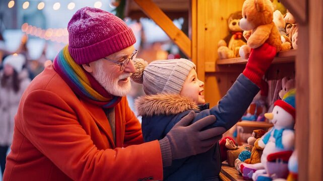 Grandfather and grandson sharing holiday joy while shopping for handcrafted toys at outdoor winter market. Medium shot tracking warm family interaction.