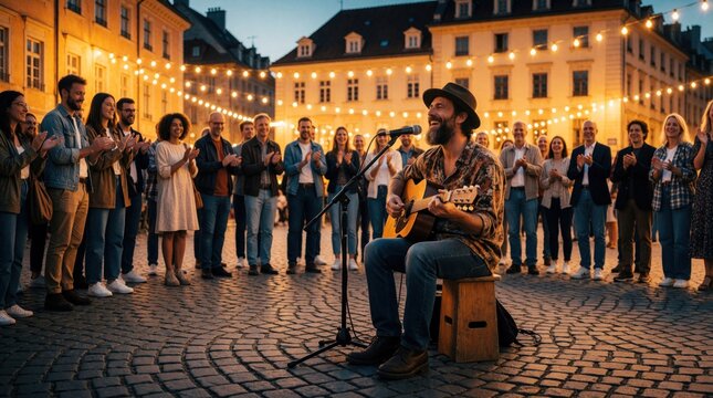 Bearded male musician plays acoustic guitar on wooden stool in town square. Large crowd of people clap, watch live street performance at dusk. Talented artist performs songs under hanging fairy