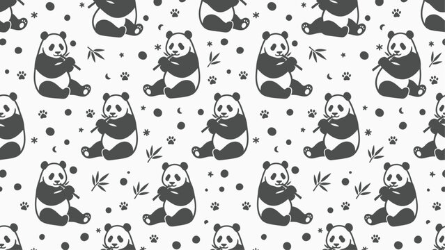 Seamless pattern featuring cute giant pandas sitting and eating bamboo sticks, monochrome black and white vector illustration with paw prints, bamboo leaves, stars, and dots on white.
