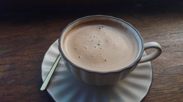 Coffee fills fluted cup, its creamy surface dotted with bubbles. Teaspoon lies on saucer as beverage remains on dark wooden tabletop, ready for calm cafe pause, with brown crema and froth visible.